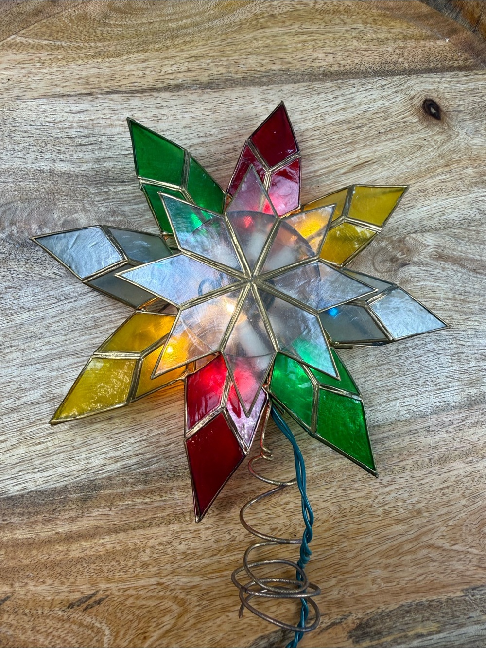 Vintage Stained Glass Lighted Christmas Tree Topper Star Multicolor Holiday